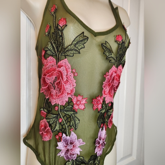 Top Chic Olive Green Sheer Mesh Floral Embroidered Bodysuit - One Size (M/L) - Picture 3 of 9